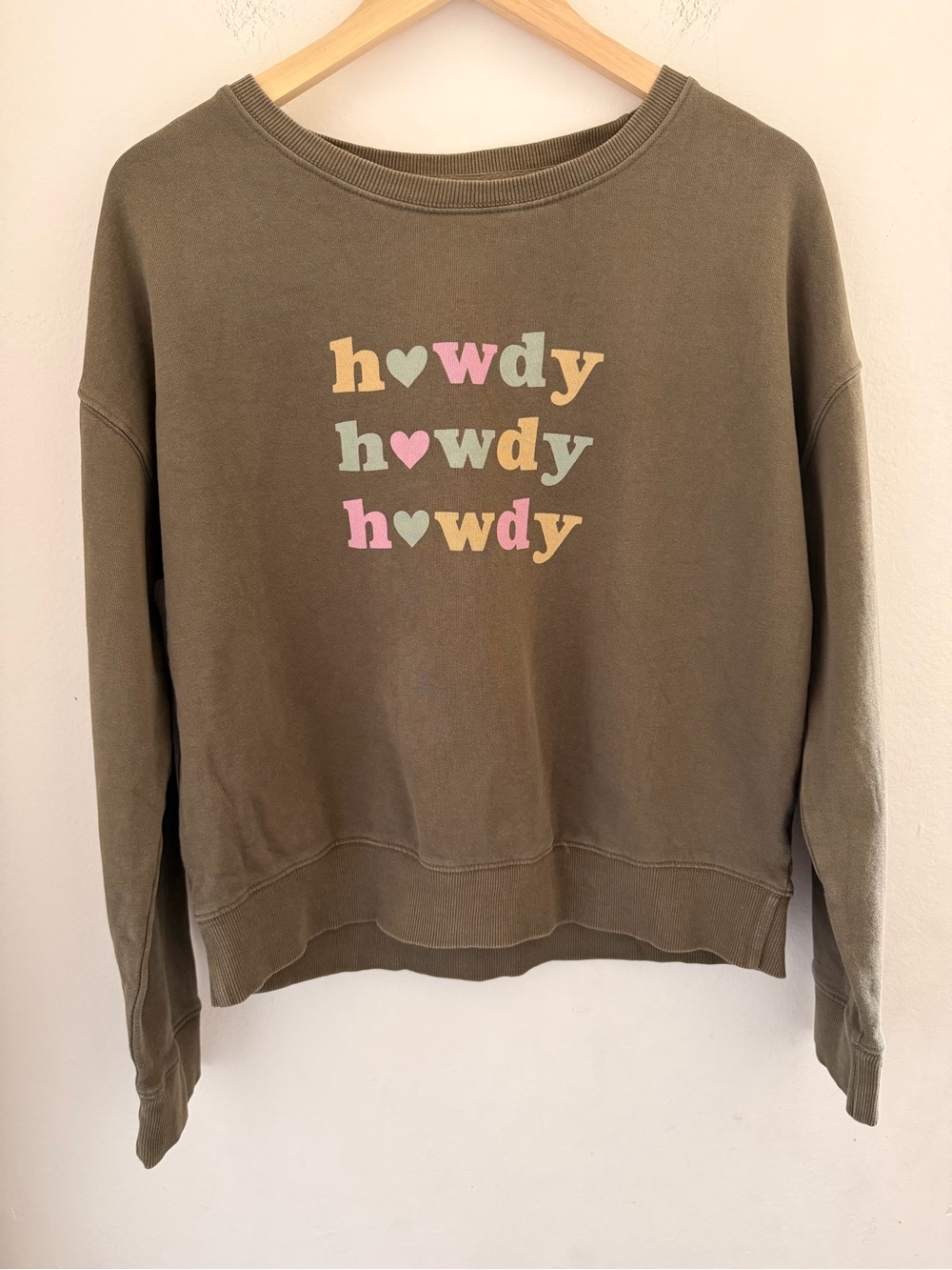 Pact Organic Cotton Olive Green Howdy Heart Stacked Graphic Crewneck Sweatshirt